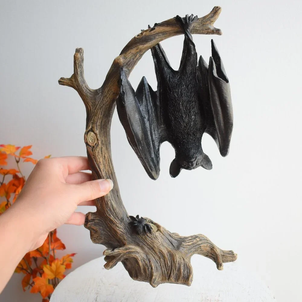 Ashland Resin Black Bat Hanging From Branch Rustic Witchy Gothic Halloween Decor
